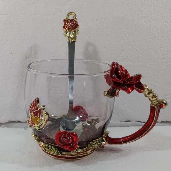 Butterfly Rose Enamel Glass Mug With Spoon Set Valentine's Day - Picture 4 of 15